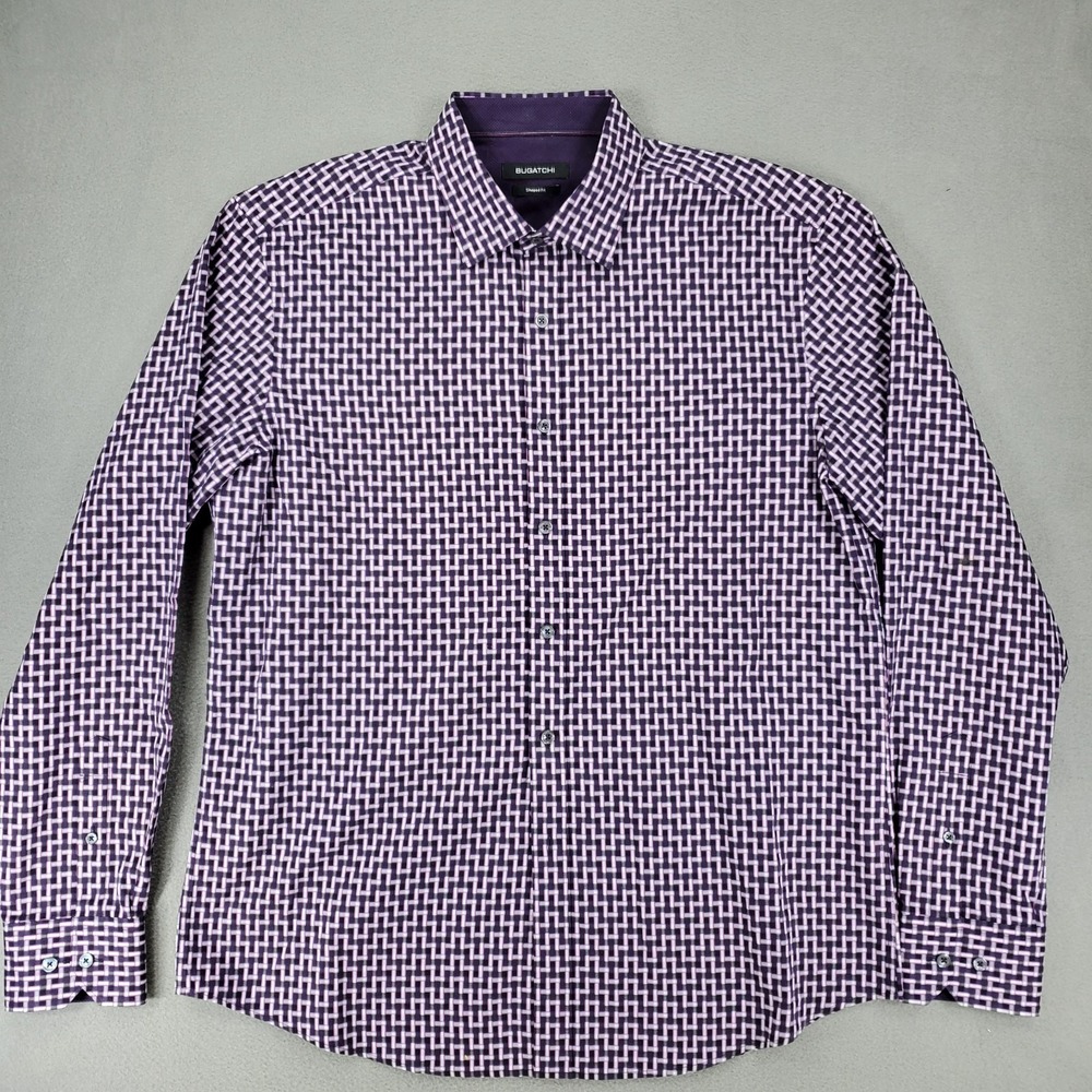 Lot 4 Bugatchi Print Plaid Cuff Long‎ Sleeve Button Down Shirt Men L Shaped Fit - Picture 5 of 16